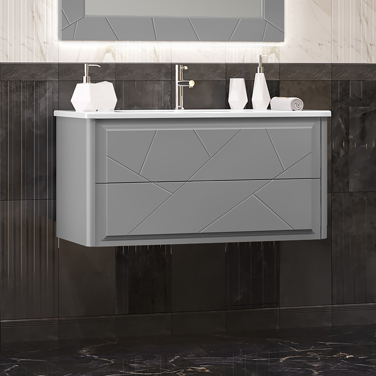 Тумба OPADIRIS Луиджи 100, серый матовый, подвесная, вар. 2 (под раковину CeraStyle Ibiza 100)