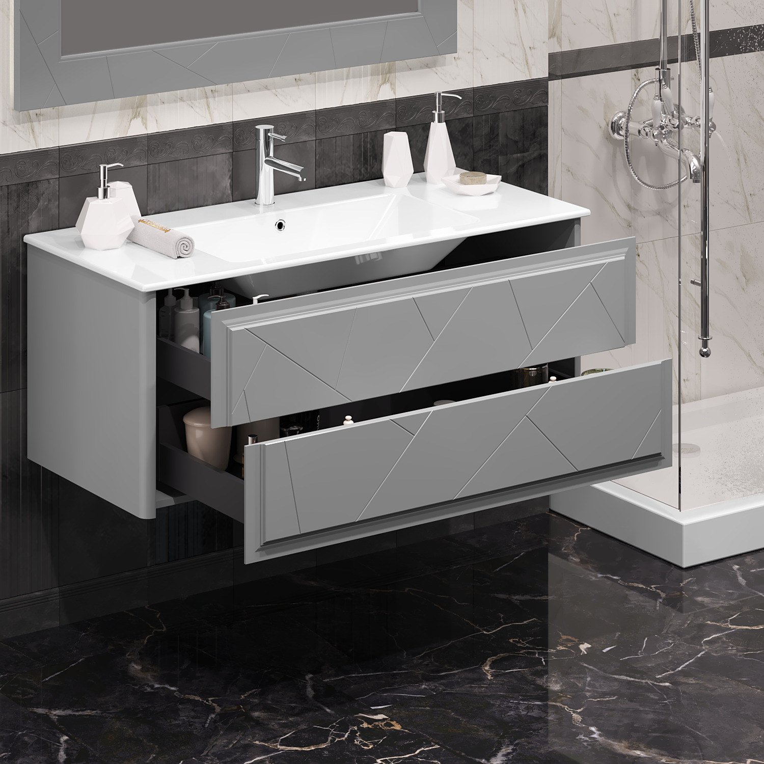 Тумба OPADIRIS Луиджи 120, серый матовый, подвесная, вар. 2 (под раковину CeraStyle Ibiza 121)