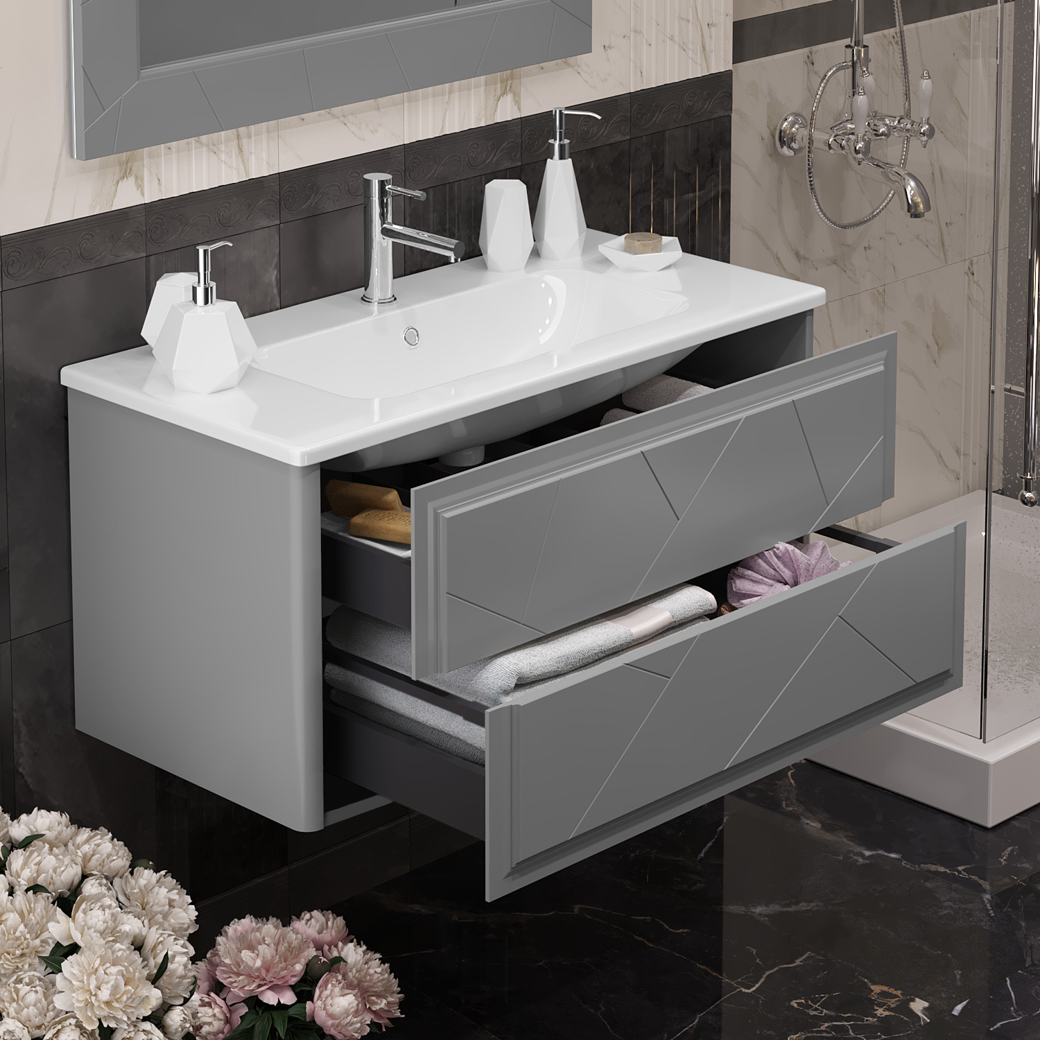 Тумба OPADIRIS Луиджи 100, серый матовый, подвесная, вар. 2 (под раковину CeraStyle Ibiza 100)